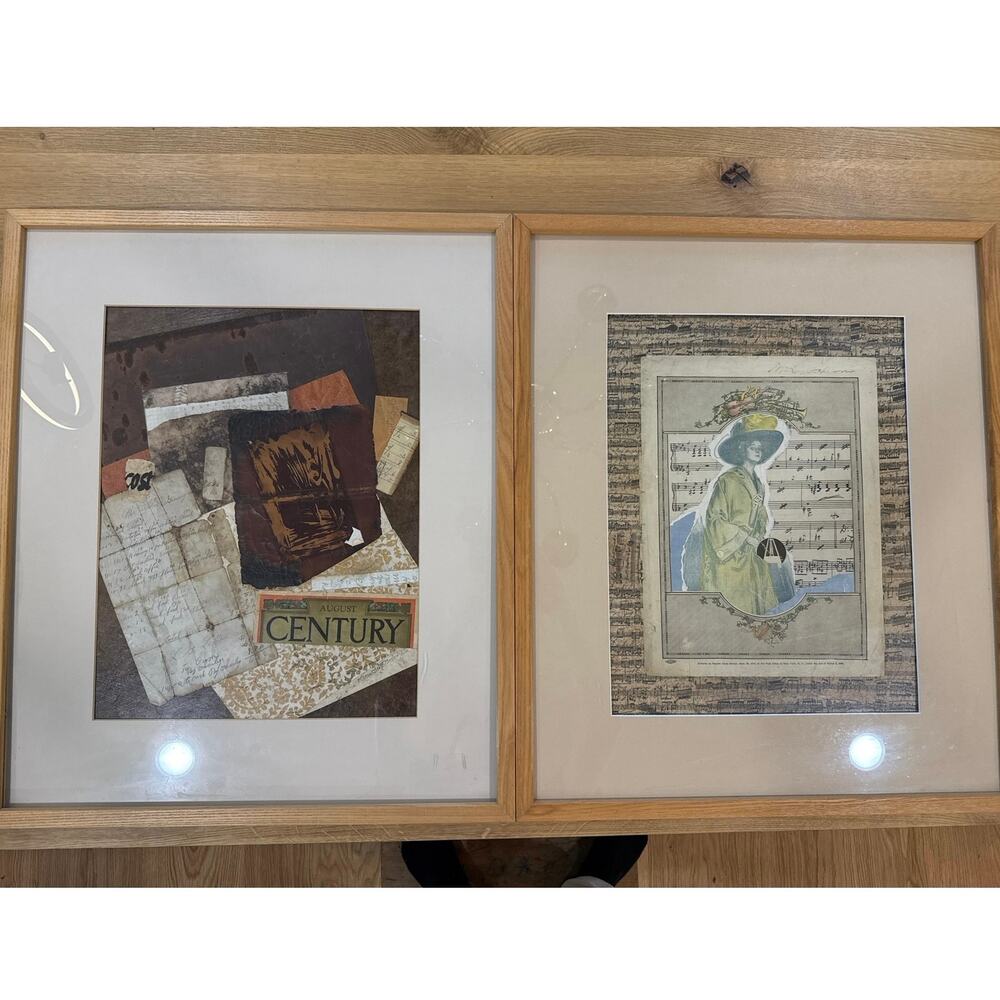 Pair Vintage Mixed Media Collage Art Framed Karen DeWitt DeBrimphy 21x25⁠